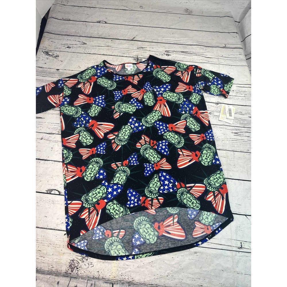 LuLaRoe Womens Irma Tunic Top L Statue of Liberty Patriotic Bow Tie Print NEW